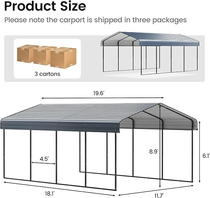 12'x20' Heavy Duty Metal Carport, Outdoor Garage Car Shelter Shade - Image 7