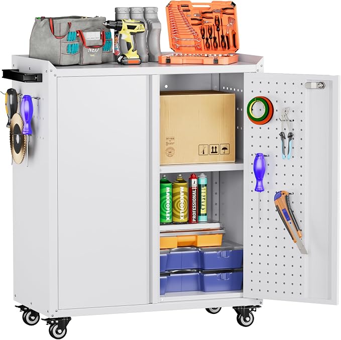Garage Storage Cabinet with Wheels & Pegboard, 34.3" H Locking Metal Tool by GANGMEIMENTALSTORAGECABINET