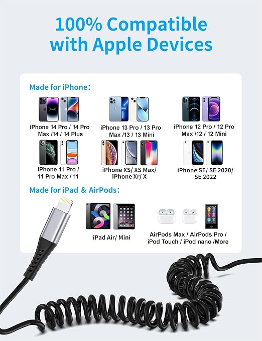 Coiled Lightning Cable for Car, Short Apple CarPlay USB to Lightning Cord for - Image 7