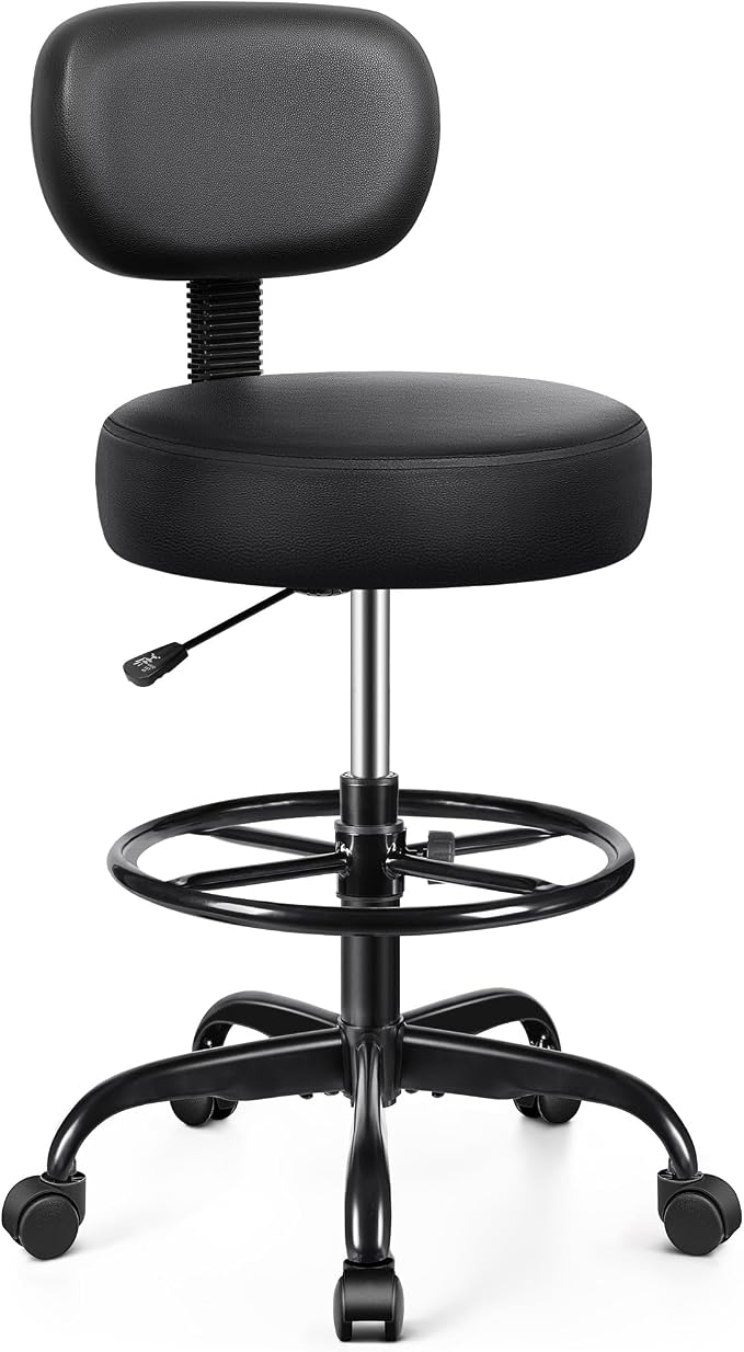 Drafting Chair with Backrest – Adjustable Foot Rest Rolling Stool with Wheels by BrickAttic