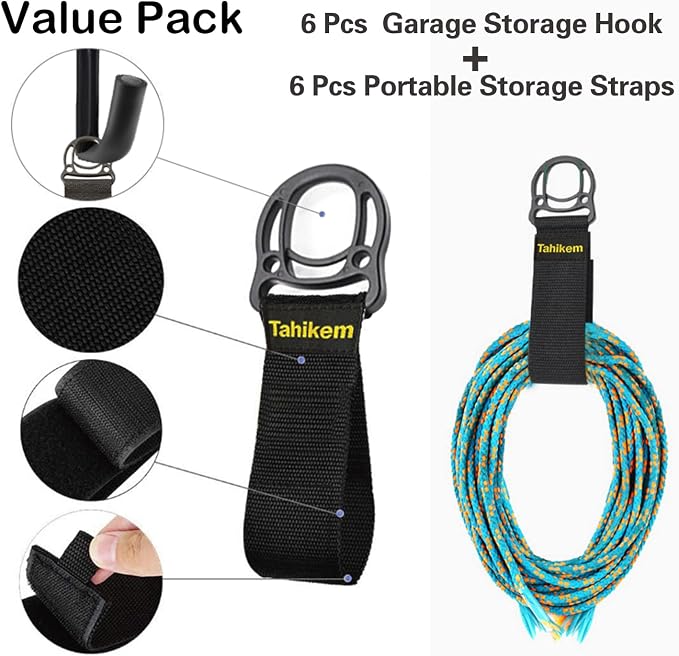6 Set Garage Wall Mounts, 9 Large Wall J Hooks - Image 4