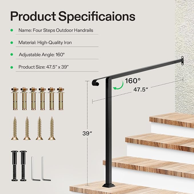 VIVOSUN Outdoor Handrail, 4 Step Stair Handrail, 47.5" x 39" Fits 1 to 4 Steps - Image 2