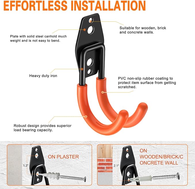 Heavy Duty Garage Hooks 6 Pack, J Shaped Hanger, Wall Mounted Storage System - Image 3