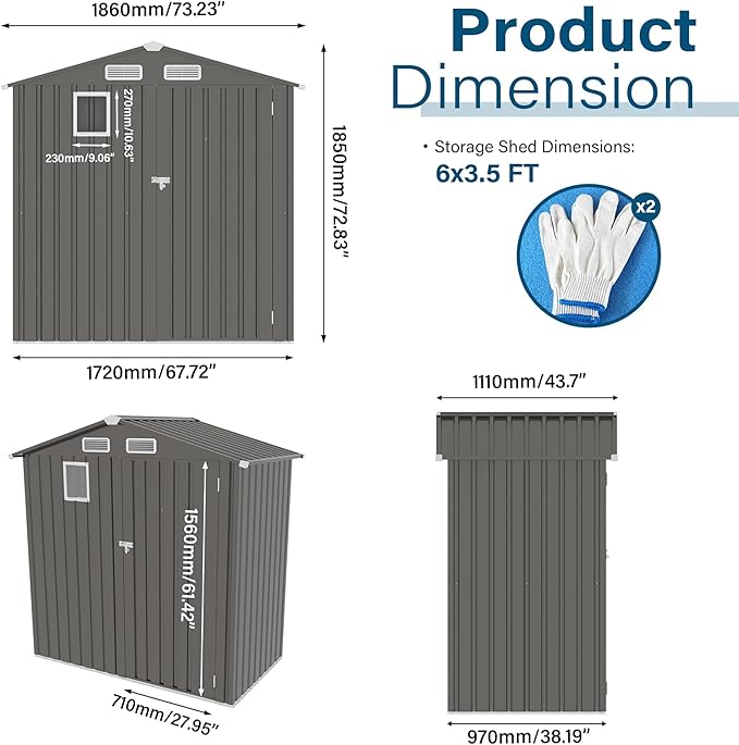 6 x 4 FT Outdoor Storage Metal Shed, Bike Garden Tool Shed - Image 8