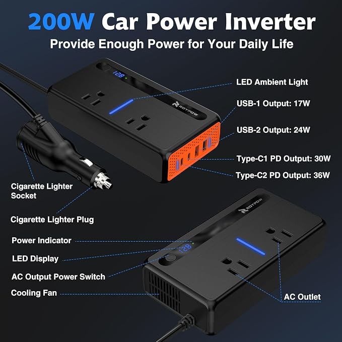 RoyPow 200W Car Power Inverter, DC 12V to 110V AC Power Inverter - Image 3