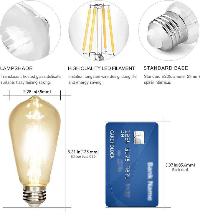 LED Edison Bulb 4W, Antique 40W Vintage Edison Bulb, E26 Light Bulb Non - Image 3