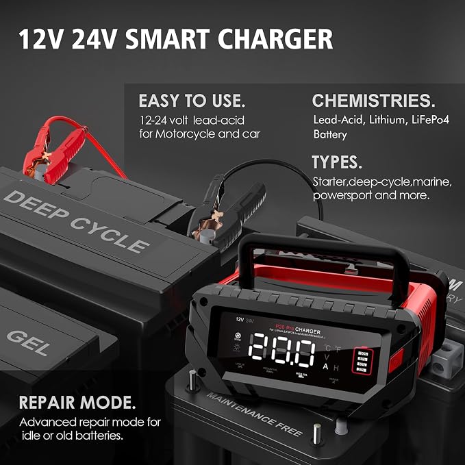 20-Amp Car Battery Charger, 12V/24V Smart Automotive Charger, Battery Maintainer - Image 2
