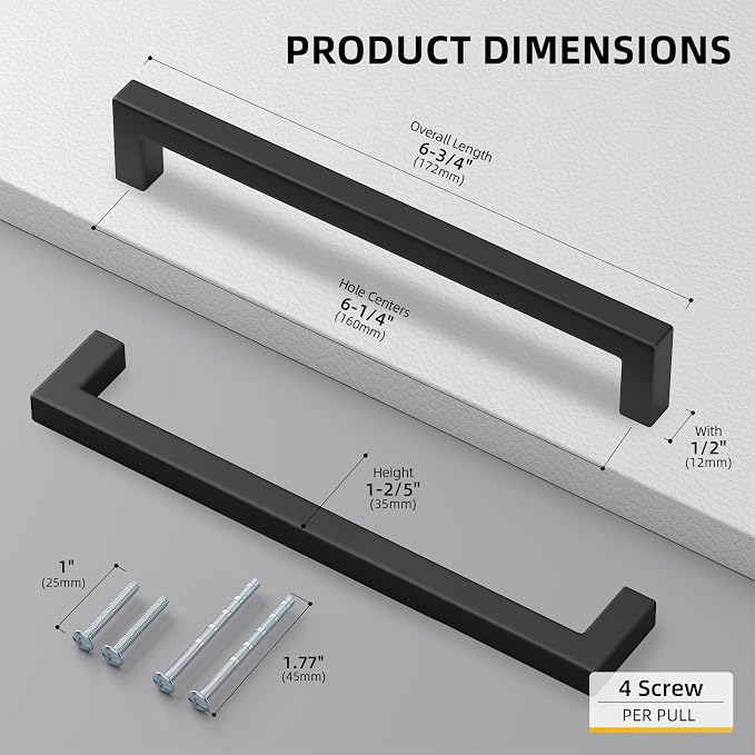 Goldenwarm 1 Pack Black Square Bar Cabinet Pull Drawer Handle Stainless Steel - Image 2