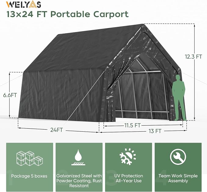 13 x 24 FT Carport, Heavy Duty Car Port Outdoor UV Garage - Image 4