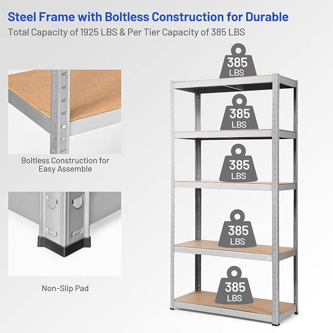 ERGOMASTER 72" Storage Shelves, Heavy Duty Steel Frame 5-Tier Garage Shelf - Image 4