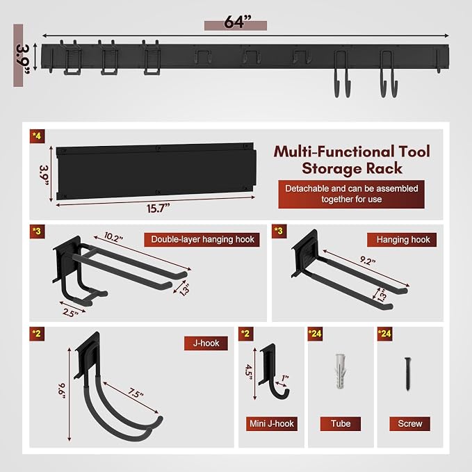 Garage Tool Organizer Wall Mount, Garden Tools Rack Holder, 64 Inch Storage - Image 3