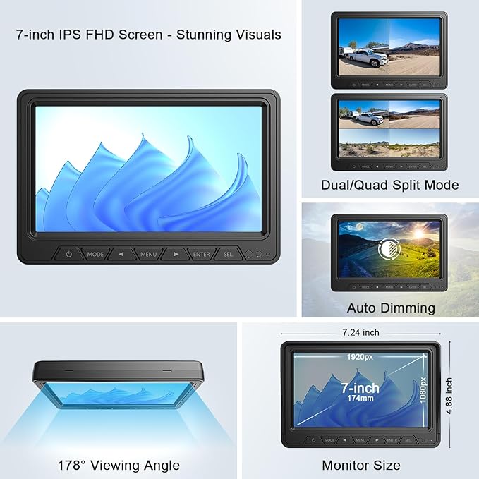 Fookoo HD 4 Cameras Wireless RV Backup System, 2 Rear View + 2 Side Cameras - Image 4