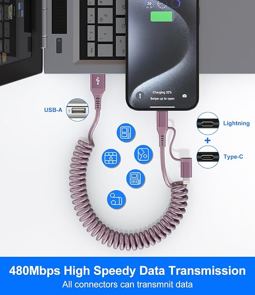 USB to USB C and Lightning Pink Car Charger Cable - Image 5