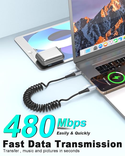 Coiled USB C to USB C Cable, 2 Pack Retractable USB Type C Charging Cable 60W - Image 3