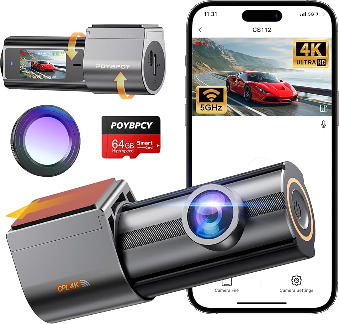 Dash Cam Front 4K, Built-in 5GHz WiFi by POYBPCY