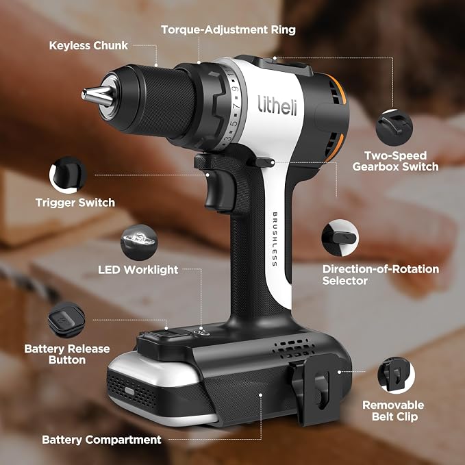 Litheli 20V Cordless Drill Driver, Brushless Power Drill - Image 7