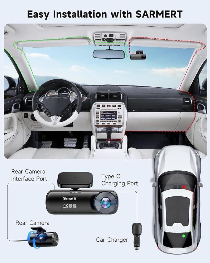 3 Channel Dash Cam, SARMERT 4K Dash Cam Front Inside and Rear - Image 9