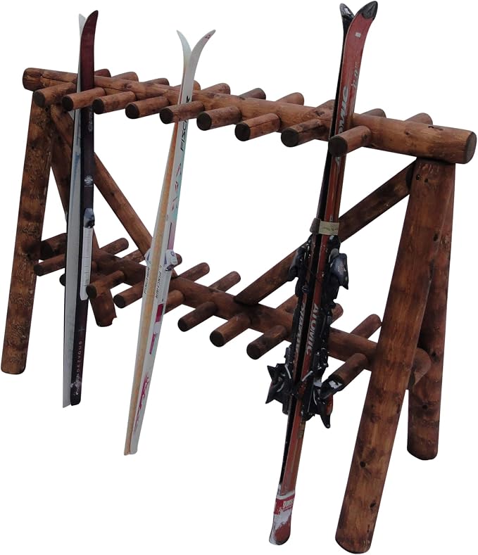 21-Place Freestanding Log Ski Rack Holder, Indoor & Outdoor Snowboard Racks - Image 4