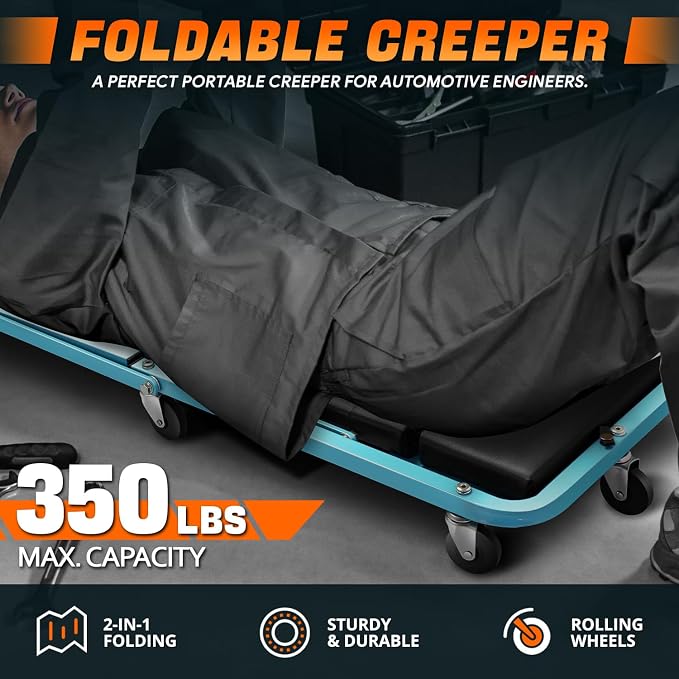 DNA MOTORING 48" 2 IN 1 Folding Rolling Garage Shop Creeper Roller Seat - Image 2