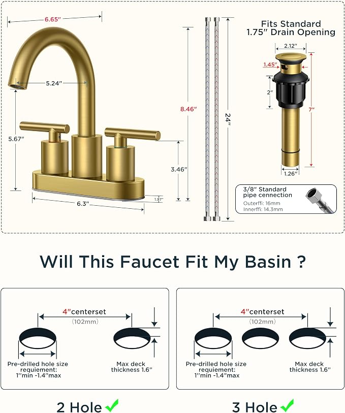 FORIOUS 4" Brushed Gold Bathroom Faucet Centerset 4 Inch, 2 Handle 2 Hole Gold - Image 9