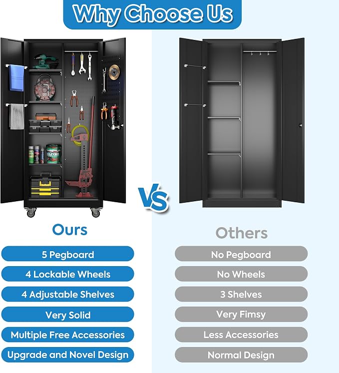 Garage Storage Cabinet with Wheels and 5 Pegboard, Broom Closet Storage Cabinet - Image 7