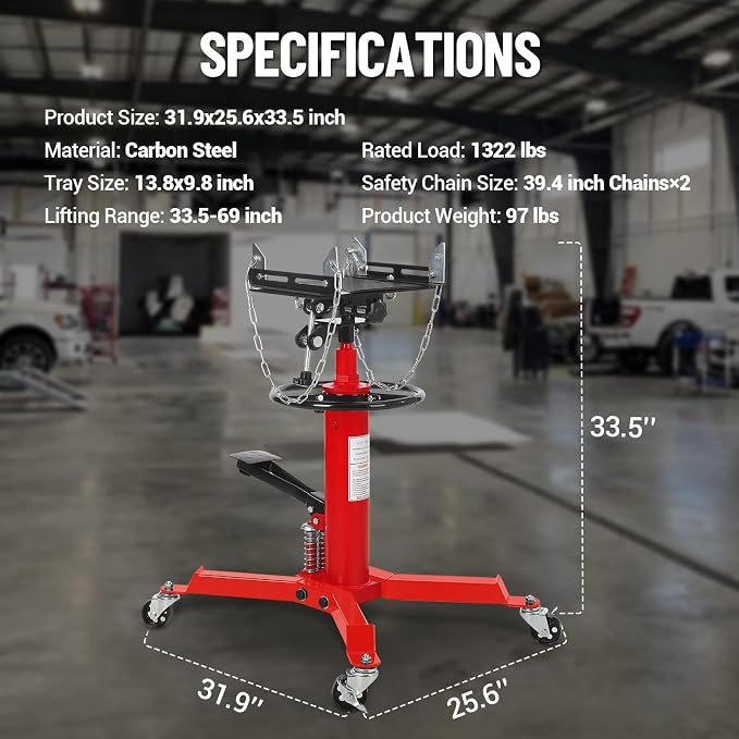 Transmission Jack with 2 Stage Hydraulic Ram, 1322 LBS Hydraulic Telescoping - Image 2