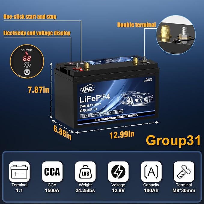 TPE BCI Group31 Car Start Stop System LiFePO4 Lithium-ion Battery 12.8V 100AH - Image 3