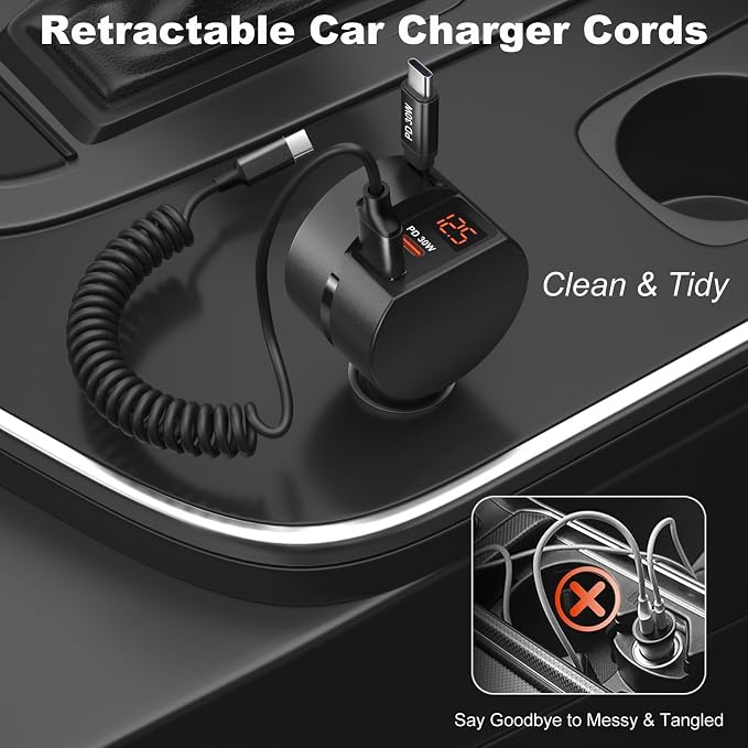 Retractable Car Charger USB C, OKRAY 78W 3-Port 12v Cigarette Lighter Adapter - Image 6
