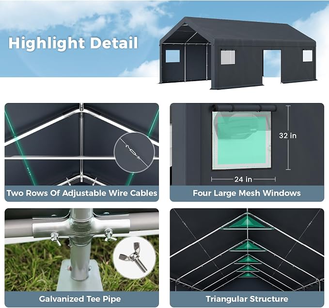 GREEN PARTY Carport, Waterproof & 12 Legs Car Canopy Portable Garage Shelter - Image 3