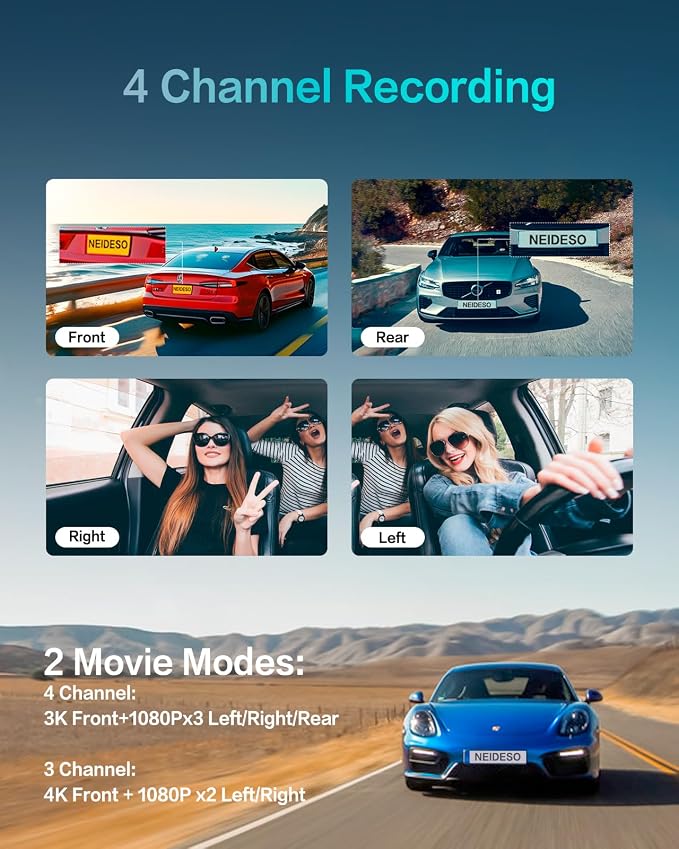 AI Dash Cam Front Rear Inside, 4 Channel 3k+1080P*3 Dashcam - Image 3