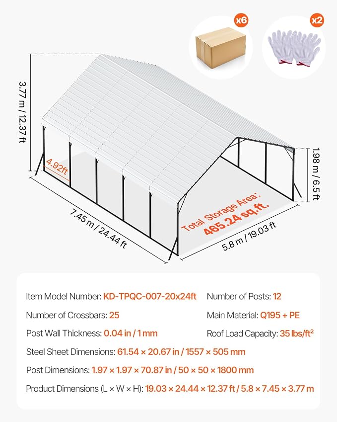 VEVOR 20x24 ft Heavy Duty Metal Carport, Outdoor Car Shelter - Image 7