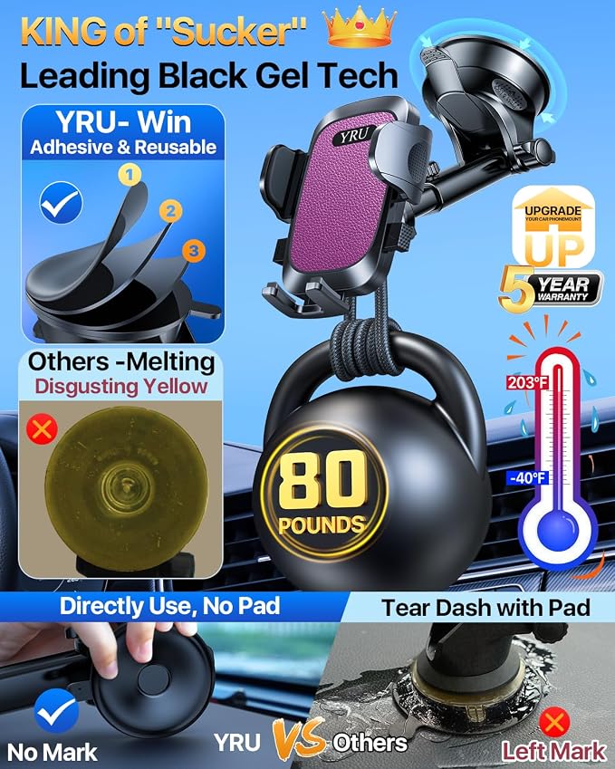 YRU Car Phone Holder Mount, Dashboard Cell Phone Holder - Image 2