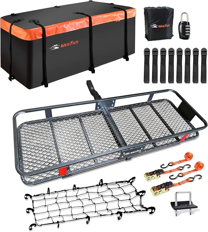 MeeFar Folding Hitch Mount Cargo Carrier Basket 60" X 20" X 6"+Waterproof Cargo by MeeFar