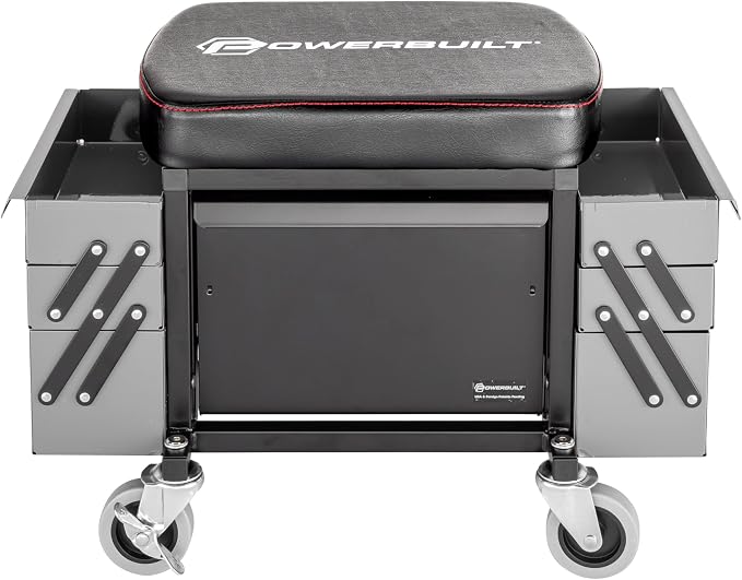 Powerbuilt Rolling Seat with Expandable Tool Trays, Roller Toolbox Garage Stool - Image 2