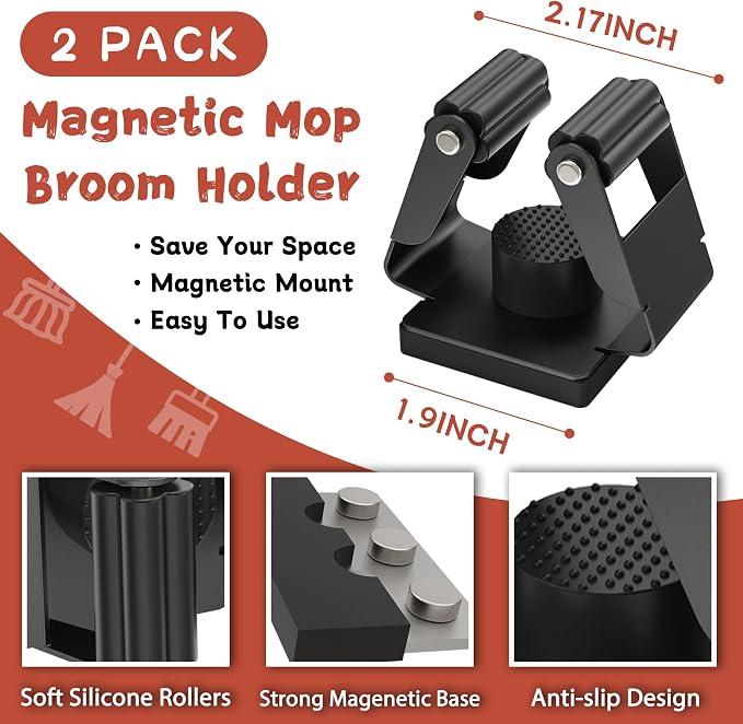 Magnetic Broom Holder, 2 Pack Strong Magnetic Mount Broom and Mop Holder - Image 2