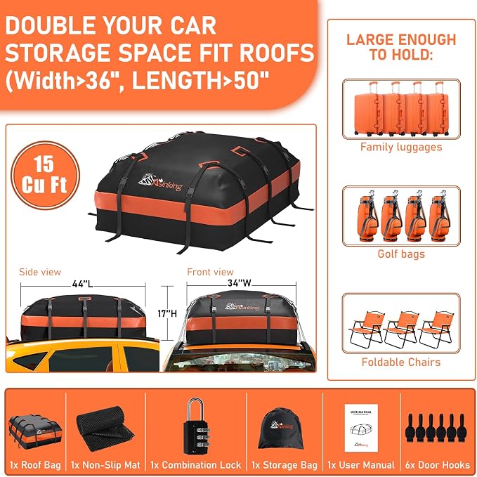 Asinking Car Roof Bag Rooftop top Cargo Carrier Bag 15 Cubic feet Waterproof - Image 6