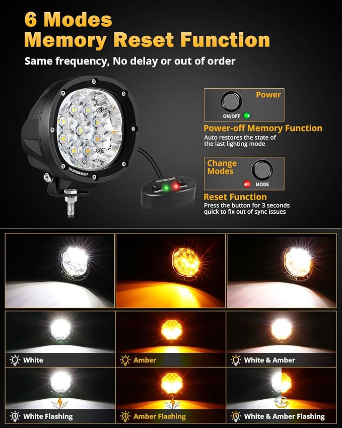 Auxbeam 6 Modes Amber White Round LED Pods, P4 Series 4 Inch 90W Flashing - Image 2