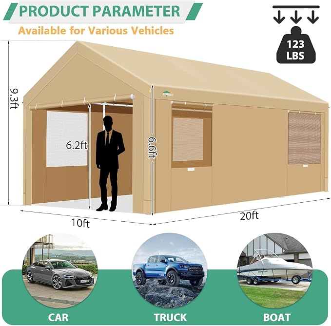 COBIZI Carport 10x20ft Heavy Duty Portable Garage, 2.0 Powder Coated Frame - Image 3