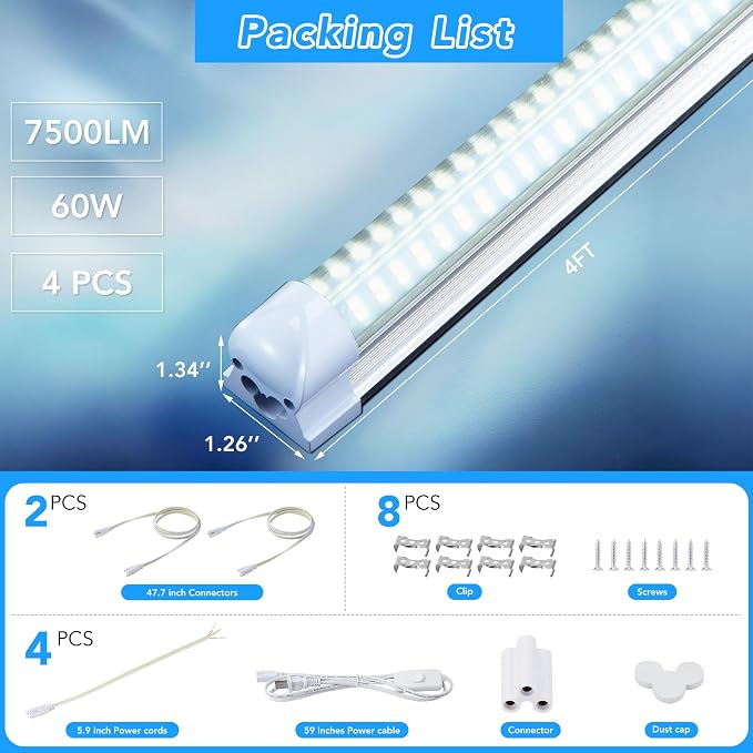 T8 LED Shop Lights, 4 Pack Garage Light 4FT 60W 9600LM 6000K, Work Lights - Image 5