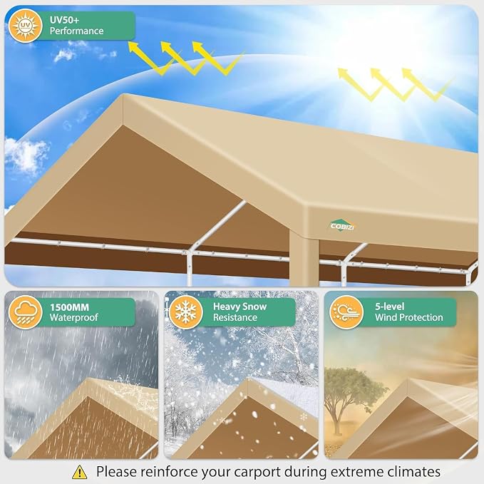 COBIZI Carport 10x20ft Heavy Duty Portable Garage, 2.0 Powder Coated Frame - Image 3
