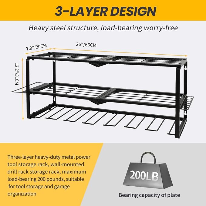 Wall Mount Power Tool Organizer, 3 Layer 7 Drill Hangers Storage Rack, Tool - Image 4