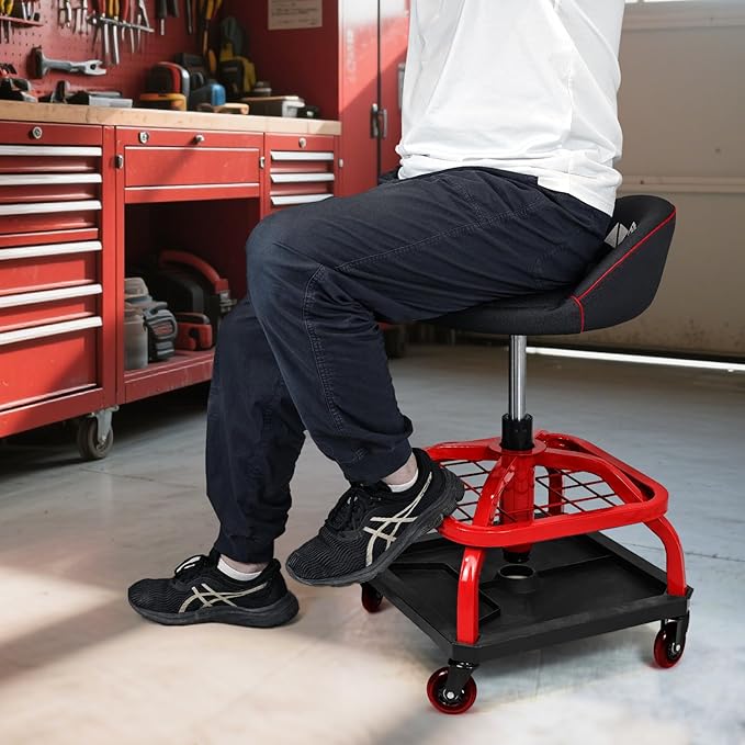 Rolling Stool with Red Wheels, Heavy Duty Garage Work Mechanic Rolling Shop - Image 7