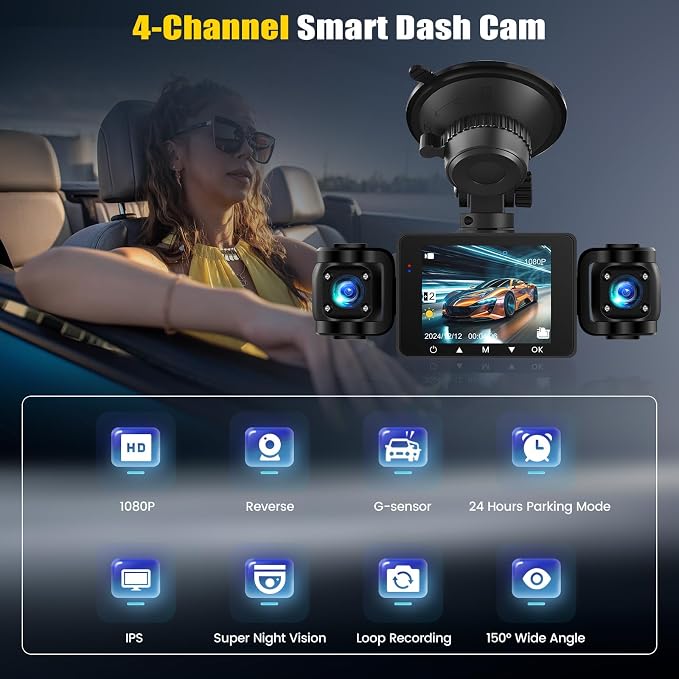 4 Channel Dash Cam Front and Rear Inside Left Right, 2.4 Inch 1080P Dash Camera - Image 3