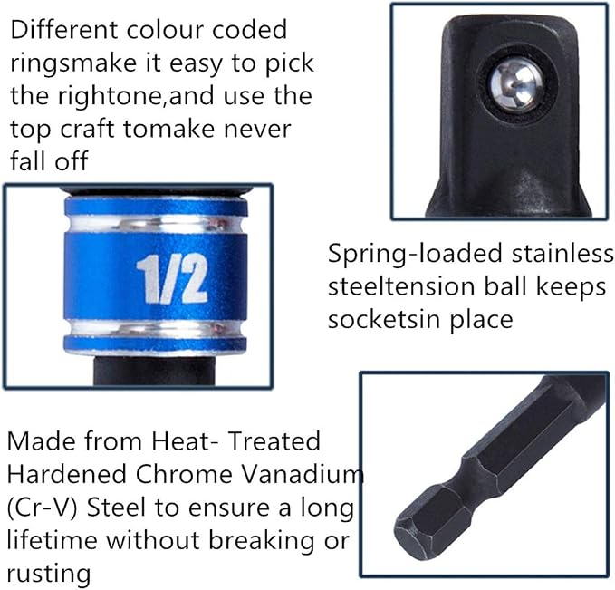 Socket Adapter Extension Set, 1/2 Inch Hex Shank, Impact Grade, Power Drill to - Image 6