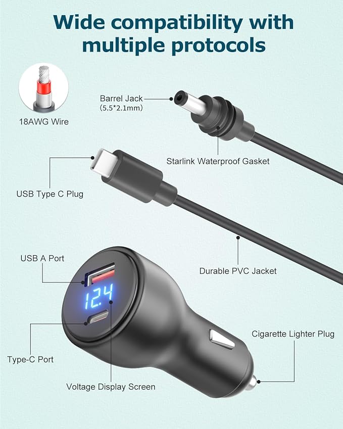 3 in 1 Starlink Mini Cable Cigarette Lighter 10FT Car Adapter - Image 5