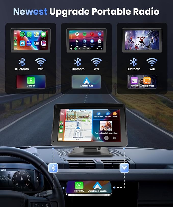 Podofo Portable Car Stereo Wireless Carplay Android Auto, 7 Inch Touch Screen - Image 3