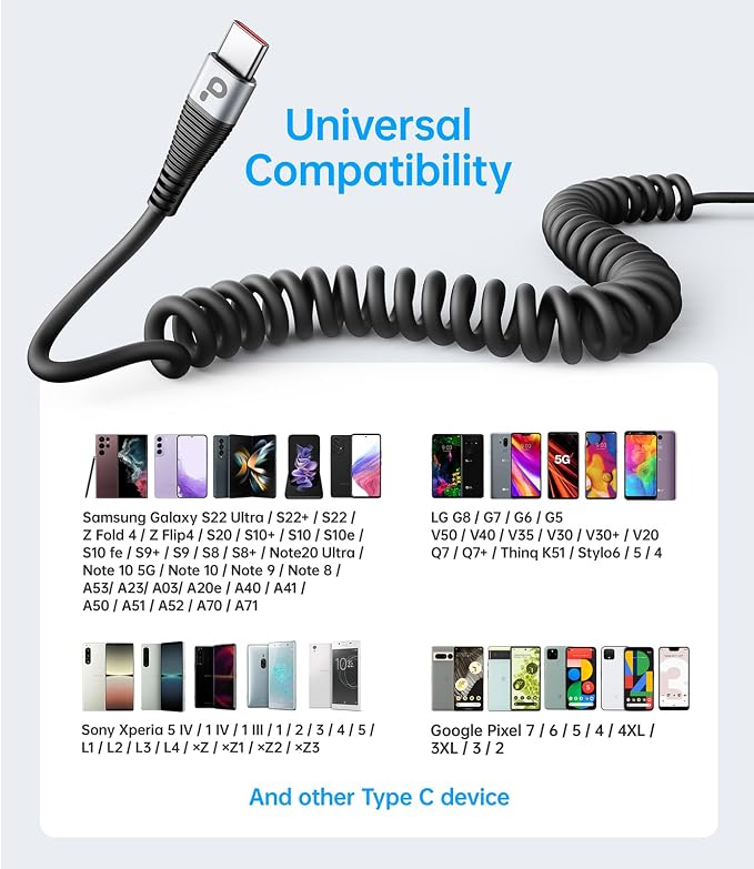 USB C to USB C Charger Cable, Coiled USB C Charger Cable - Image 6