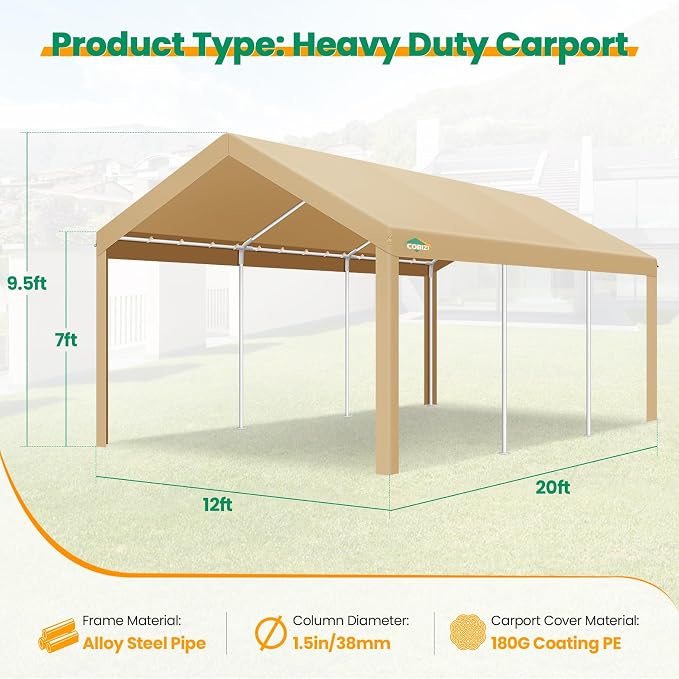 COBIZI Carport Canopy 12x20 Heavy Duty Car Tent Garage, Galvanized Frame Car - Image 5