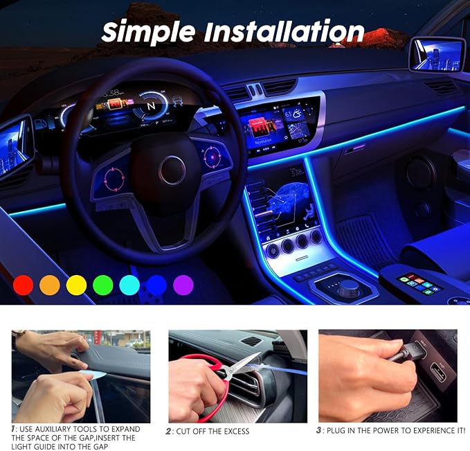 USB Car LED Lights, Interior Car Lights Strip 7 Colors Ambient Lighting - Image 5