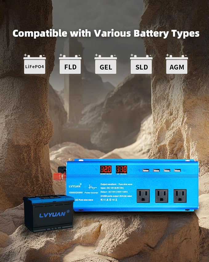 LVYUAN 1000 Watt Pure Sine Wave Inverter 12V to 110V 120V DC to AC - Image 8